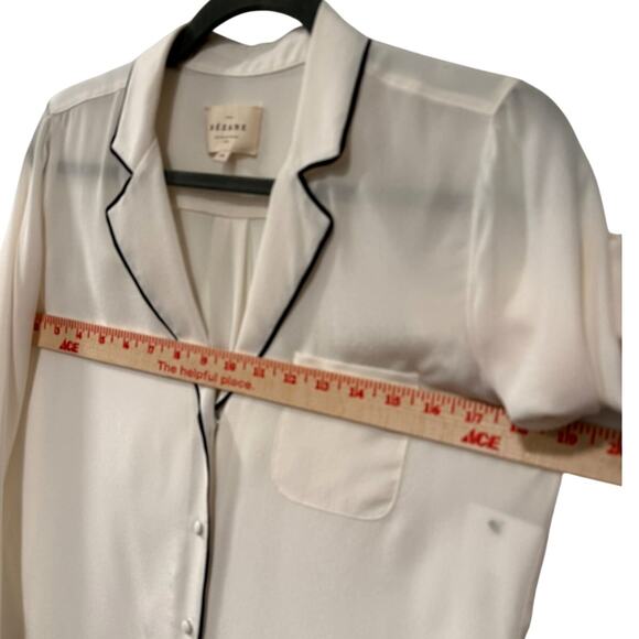 NEW! Sezane 4 Elisa Ivory Silk Blouse $190 Black Piping Pajama Top French 36 - Picture 10 of 11